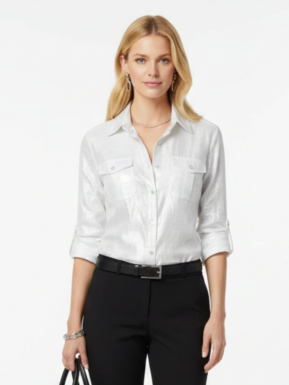 Ruby Rd. White & Silver Metallic Button Up Long Sleeve Blouse Top 10